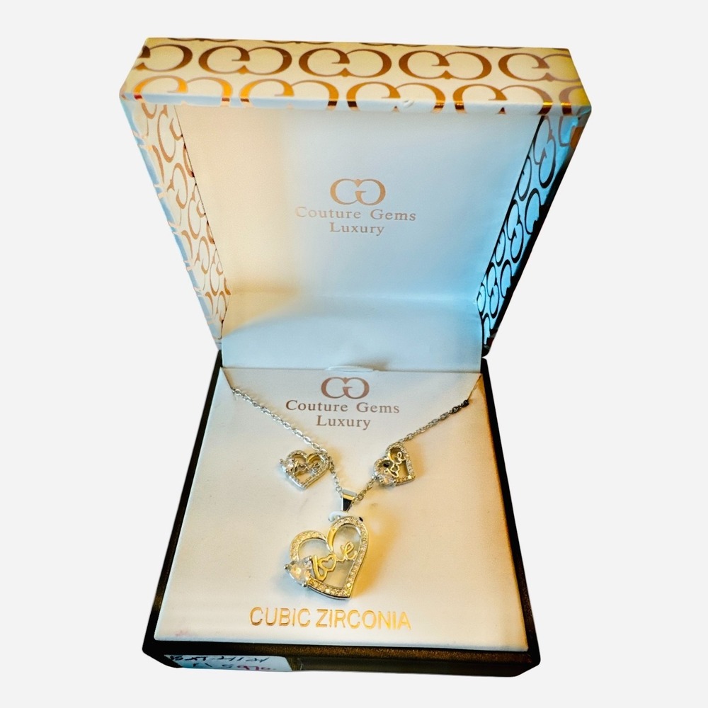 Couture Gems Luxury Love Heart Cubic Zirconia‎ Necklace Earrings Set NWB